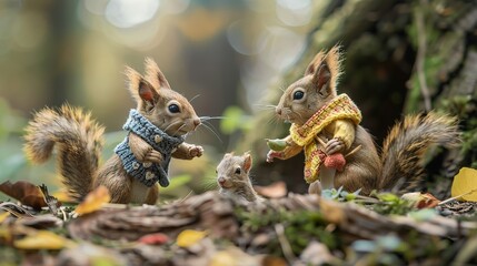 Squirrels in cute clothes living their life in microworld dreamslike day april