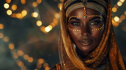 symmetrical Nubian Egyptian queen with golden jewelry