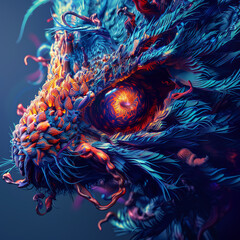 Fantastical monster emerging from the shadows, a 3D vector creation with vivid colors and intricate textures, menacing yet mesmerizing - obrazy, fototapety, plakaty