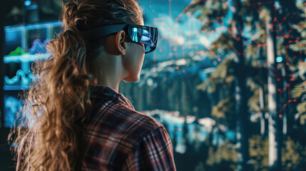 A woman is seen wearing a pair of virtual glasses, immersed in a digital environment
