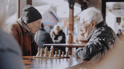 An older man and a younger man engaged in a game of chess, strategizing and moving pieces on a chessboard