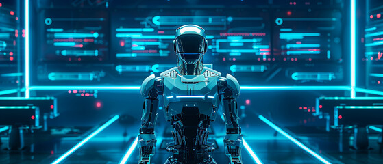 Futuristic droid in a high-tech setting, sleek design with neon accents, showcasing advanced robotics in 3D vector style - obrazy, fototapety, plakaty