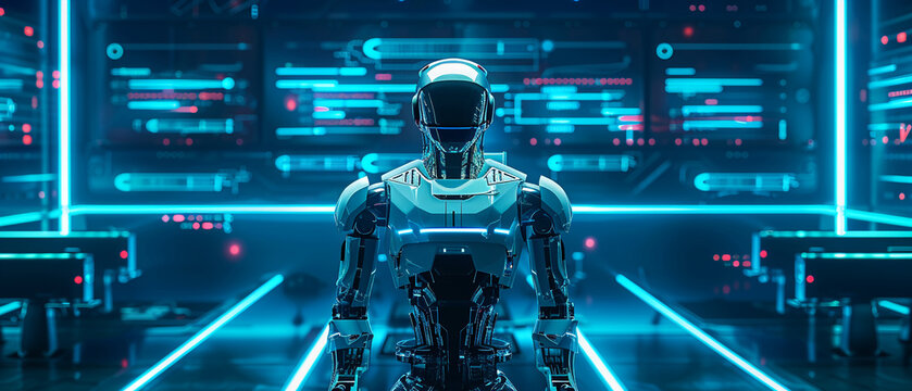 Futuristic droid in a high-tech setting, sleek design with neon accents, showcasing advanced robotics in 3D vector style