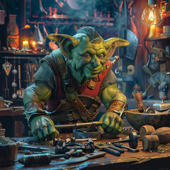 Goblin blacksmith in his workshop, crafting mythical weapons, a detailed 3D vector illustration that blends fantasy with folklore
