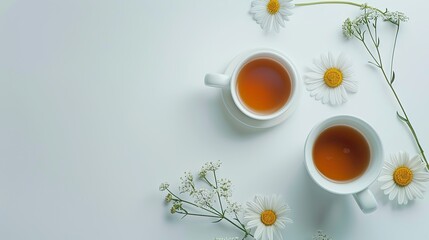 Fototapeta na wymiar cup of coffee and cup of tea on white background with flowers