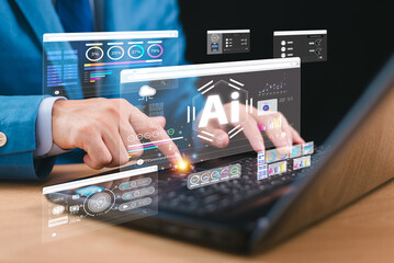 AI help analysis business concept. Artificial intelligence technology assistance in futuristic daily life, customer service. Businessman use Smartphone AI application. Modern technology to help work.