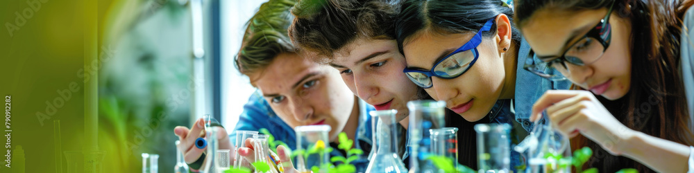 Poster a team of scientists in a laboratory focused on analyzing test tubes containing various substances f