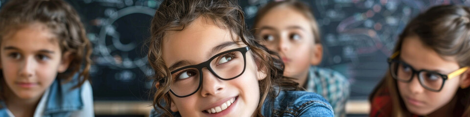 Children wearing glasses stand in front of a chalkboard, engaging in a classroom activity - Powered by Adobe