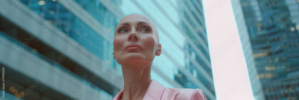 Poster a woman standing in front of a towering building with a modern architectural design, looking up at t