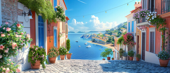 Serene Mediterranean village, picturesque 3D vector illustration with cobblestone streets and coastal views, tranquil and inviting - obrazy, fototapety, plakaty