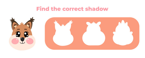 Find the correct shadow of kawaii characters squirrel face animal. Choose correct answer. Matching game. Cute vector illustration isolated on white background. Educational game for kids, children