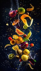 Explosion of colorful fruit splashes into the air 