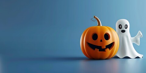 Halloween day, Realistic 3D Plastic-Style Design with Pumpkin and Ghost