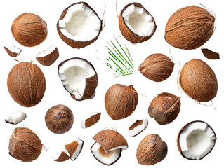 Set of branches of ripe coconuts, hard shell and milky interior