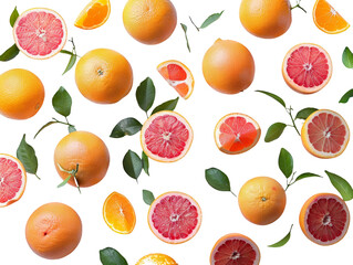 Set of branches of ripe grapefruits, pink and juicy