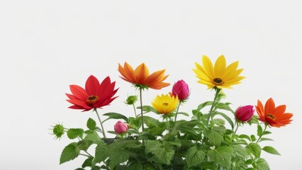 Colorful gerbera flowers in a pot on white background.