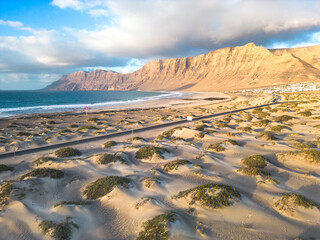 Aerial view of sand dunes on the beach Famara. Lanzarote. Canary Islands. Spain