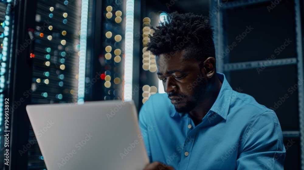 Poster man working in data center