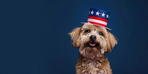 Foto op Canvas Cute dog Dress in a 4th of July Hat with Space for Copy © JJAVA