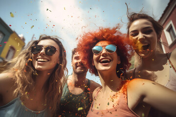 Joyful friends celebrating at an outdoor festival with colorful confetti