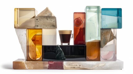 A coffee machine made of translucent resin in different colors and textures, with marble elements on the bottom and colored panels in various geometric shapes, containing a cup of black espresso