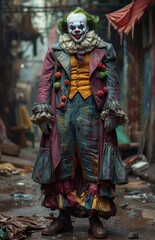 Fototapeta premium Man in tech infused clown attire, blending tradition with modernity in a unique costume