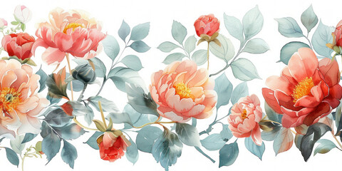 Beautiful watercolor painting of delicate pink peonies and green leaves on a white background, with intricate flowers