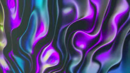 Luxury abstract 3D holographic background 8K 16:9 with grainy texture for digital poster, wallpaper, cover, presentation. Purple black turquoise blue green magenta yellow gradient curves, wave, flow