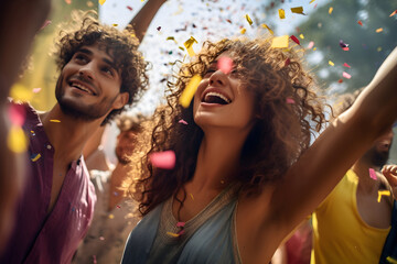 Obraz premium Joyous group celebrating at an outdoor festival during golden hour