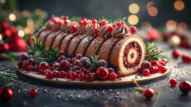   A Christmas roll with chocolate frosting, topped with cranberries, displayed on a platter encircled by holly and scarlet berries