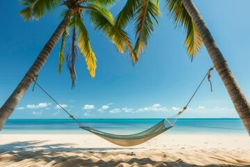 Hammock between two palm trees on the beach