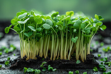 Microgreen sprouts growing in soil under daylight. Healthy food concept 