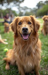Obraz premium On a sunny day at the local dog park, dogs of all breeds play together, chasing balls and frisbees