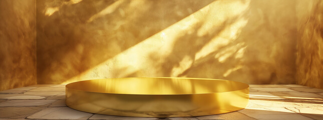 Abstract golden podium scene with empty space for product presentation, luxury background. Golden wall and round pedestal on stone floor. Mock up stage showcase in the style of mockup