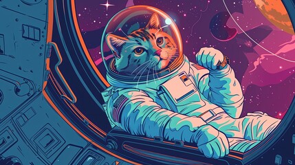 A cat in an astronaut suit is in a spaceship. Floating in space