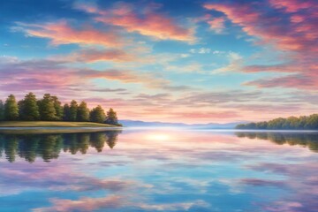 Sky Reflecting on Water Landscape Background, Reflecting Sky Wallpaper, Sky Lake Horizon, Lake Landscape With Stunning Sky Waterfront, Beautiful Sky Reflecting Lake Water, AI Generative