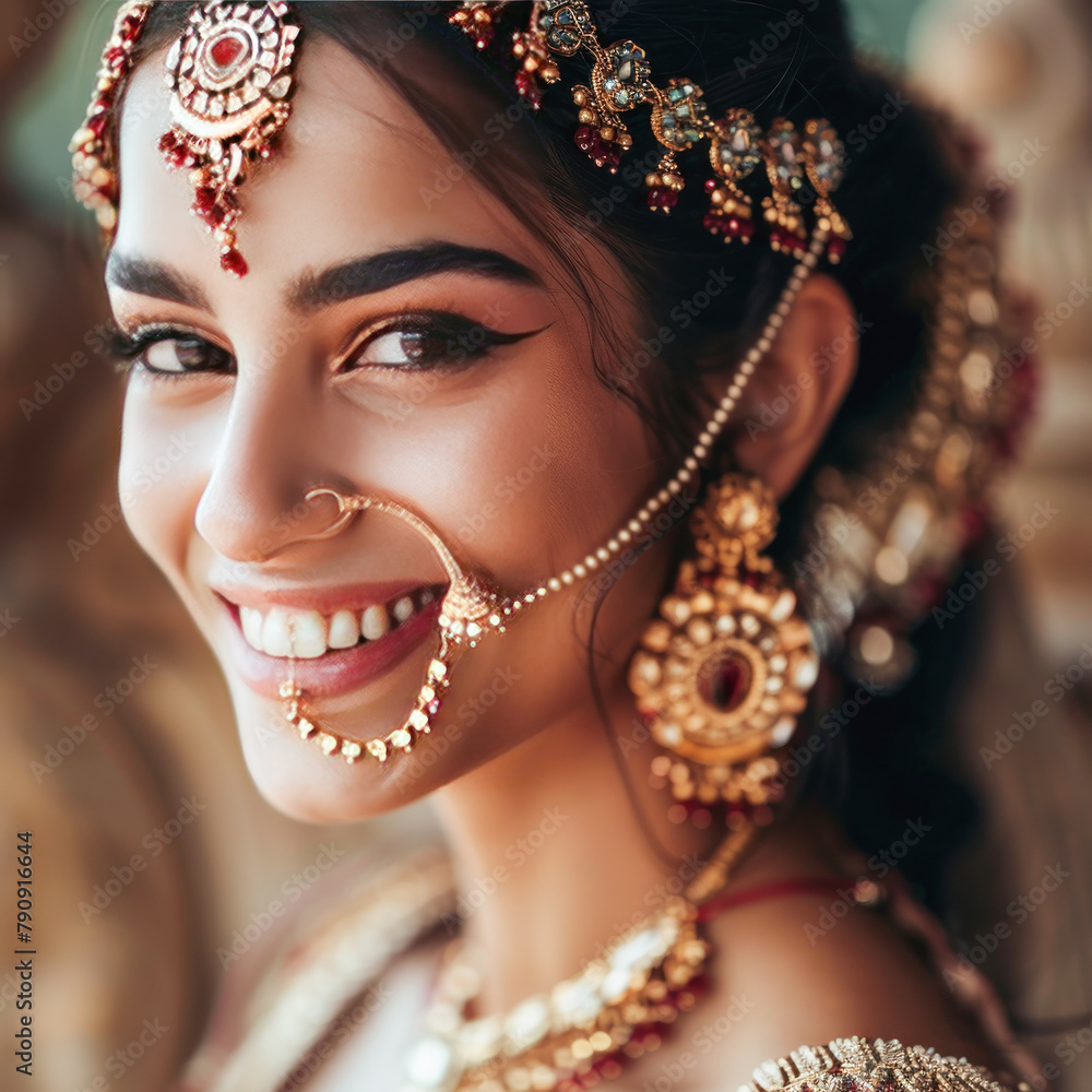 Wall mural beautiful attractive indian woman wearing jewelry and smiling