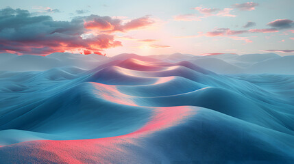 Surreal landscape of smooth snowy dunes under a stunning sunset sky with shades of pink and blue reflecting off the snow