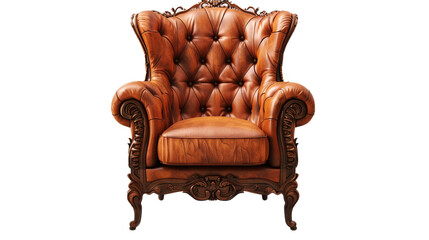 A traditional wingback chair with tufted upholstery and carved wood details, isolated on transparent background, png file,