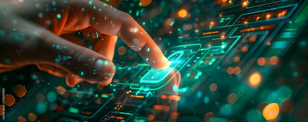 Poster manually entering password on a glowing green digital security keypad for successful access