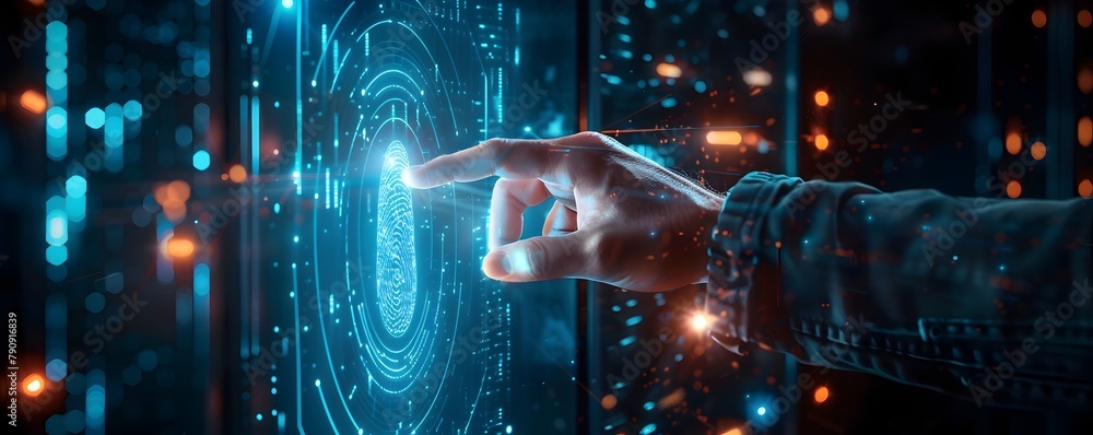 Poster biometric identification and access control on a futuristic digital interface