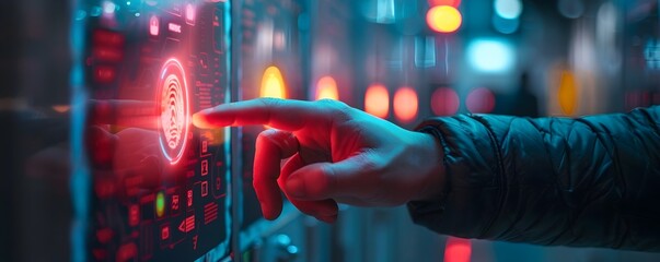 Manually Unlocking a Biometric Security Gate with Clearance Notification Displayed in a Futuristic Urban Backdrop