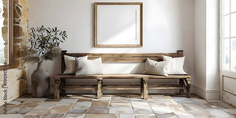 Poster inviting coastal foyer with rustic wooden bench and empty frame for welcoming touch