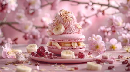 Obraz na płótnie Canvas A pink dessert, topped with bananas, raspberries, and whipped cream, rests on a pink plate Surrounding it are delicate pink flowers