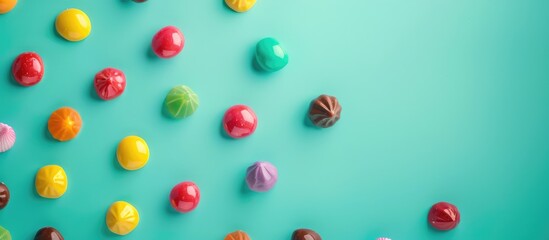 Colorful candies arranged on a soft turquoise background, captured from a top view in a flat lay style.