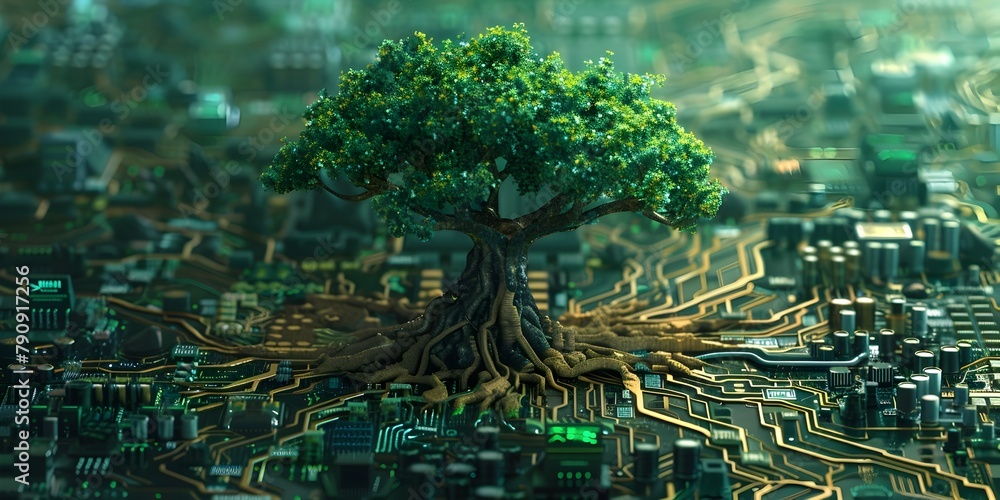 Aufkleber interconnected nature of green it solutions visualized through digital of tree rooted in circuit boa