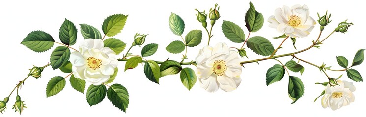 A serene display of white flowers and green leaves on a branch, symbolizing purity and natural beauty