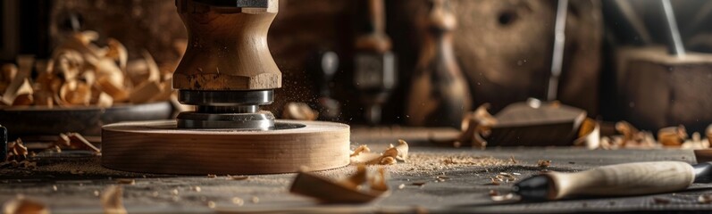 Wooden stamper on a table with a lot of wood shaving.  Tolls background . Banner - obrazy, fototapety, plakaty