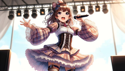 可愛い女性アイドルのイラスト アニメ風　Anime idol girl singing on stage in frilly checkered dress, digital illustration