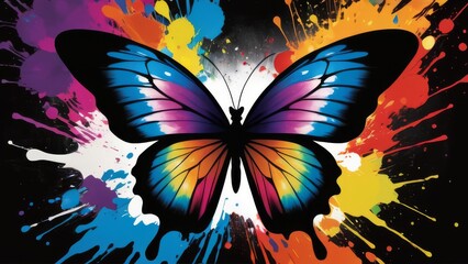 Colorful butterfly isolated on black background. Psychedelic painting.